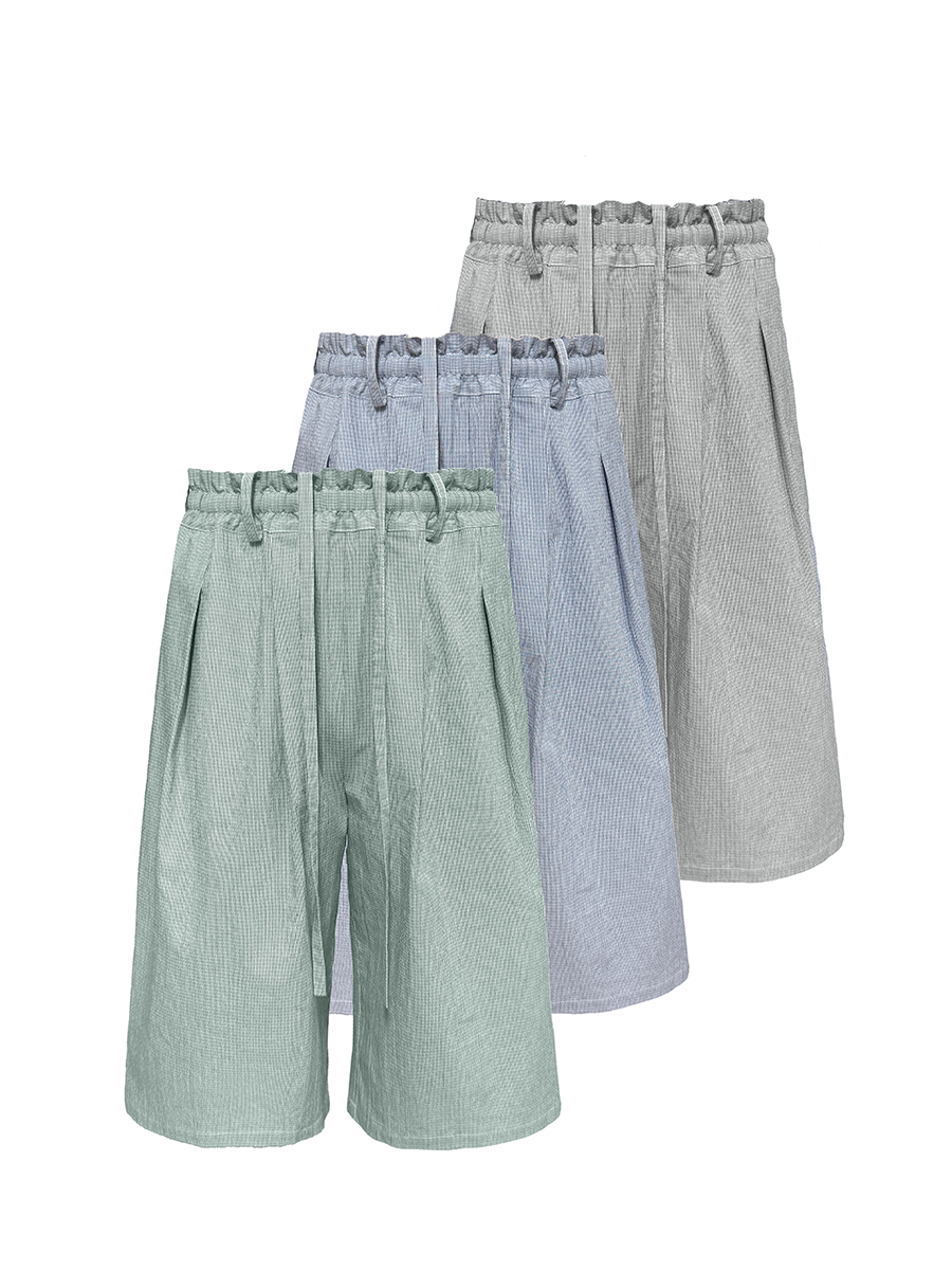 Jcaesar Bubble Pleated Checkered Flower Bud Capri Pants