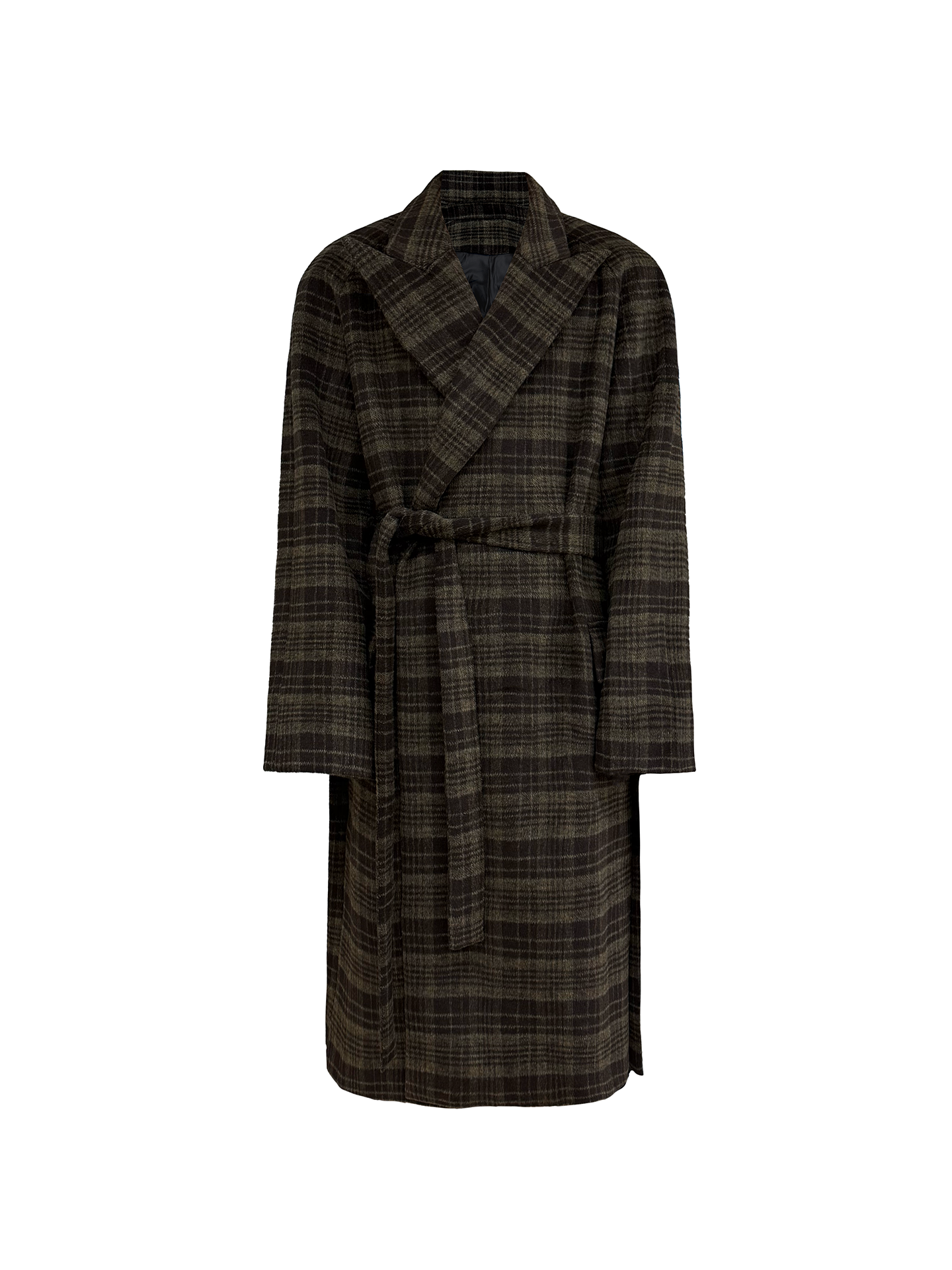 JCAESAR Brown Olive Plaid Wool Overcoat