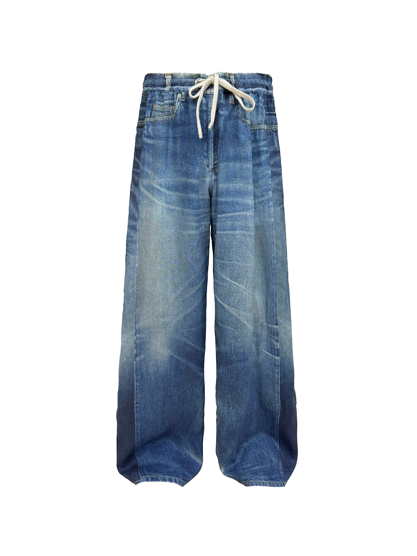 JCAESAR Digital‑Print Trompe‑l'œil Faux‑Denim Linen Pants