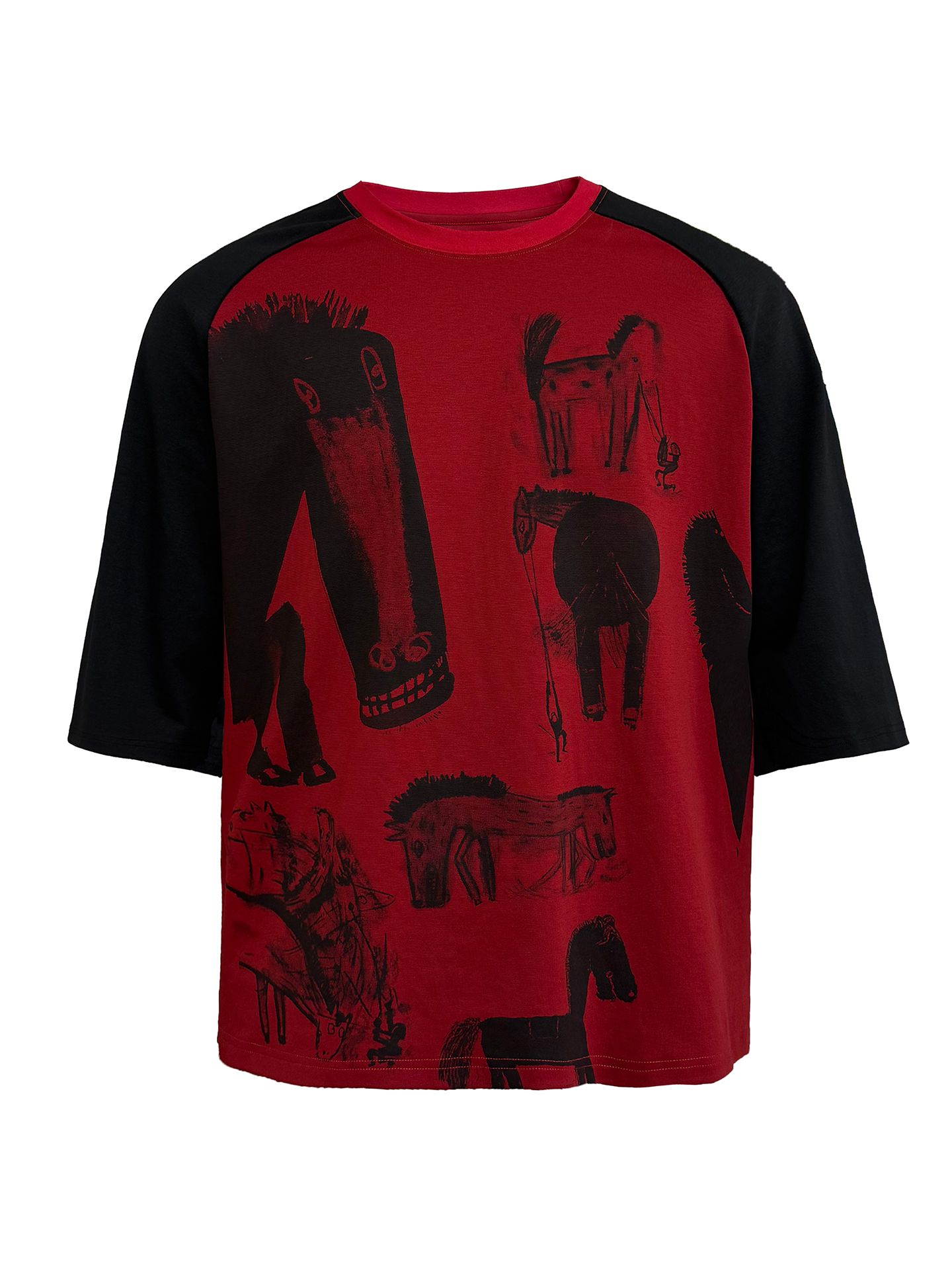 JCAESAR Raglan‑Sleeve Graphic Tee with Black Horse Print