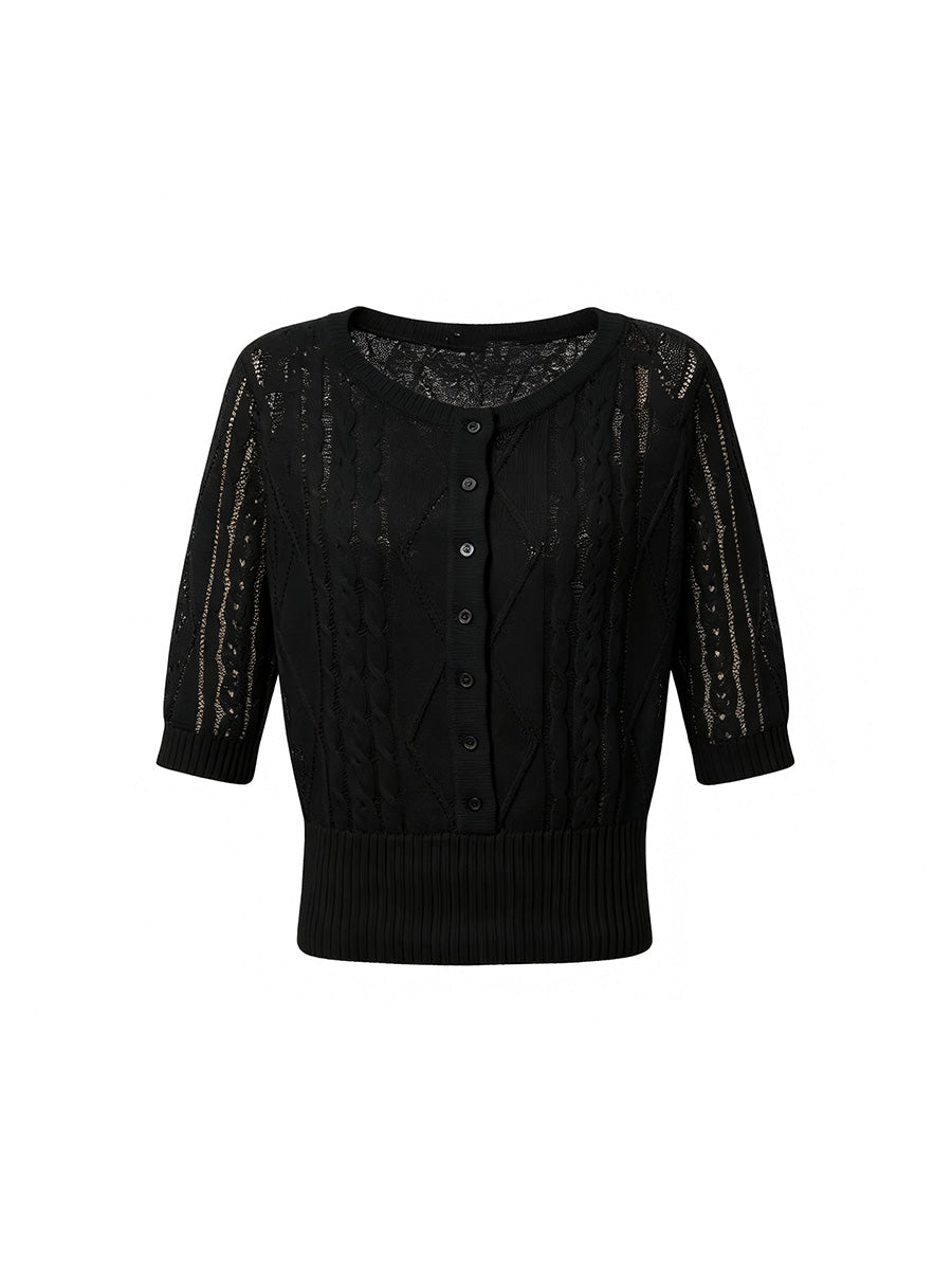 JCAESAR WOMEN Cable‑Knit Semi‑Sheer Short‑Sleeve Top