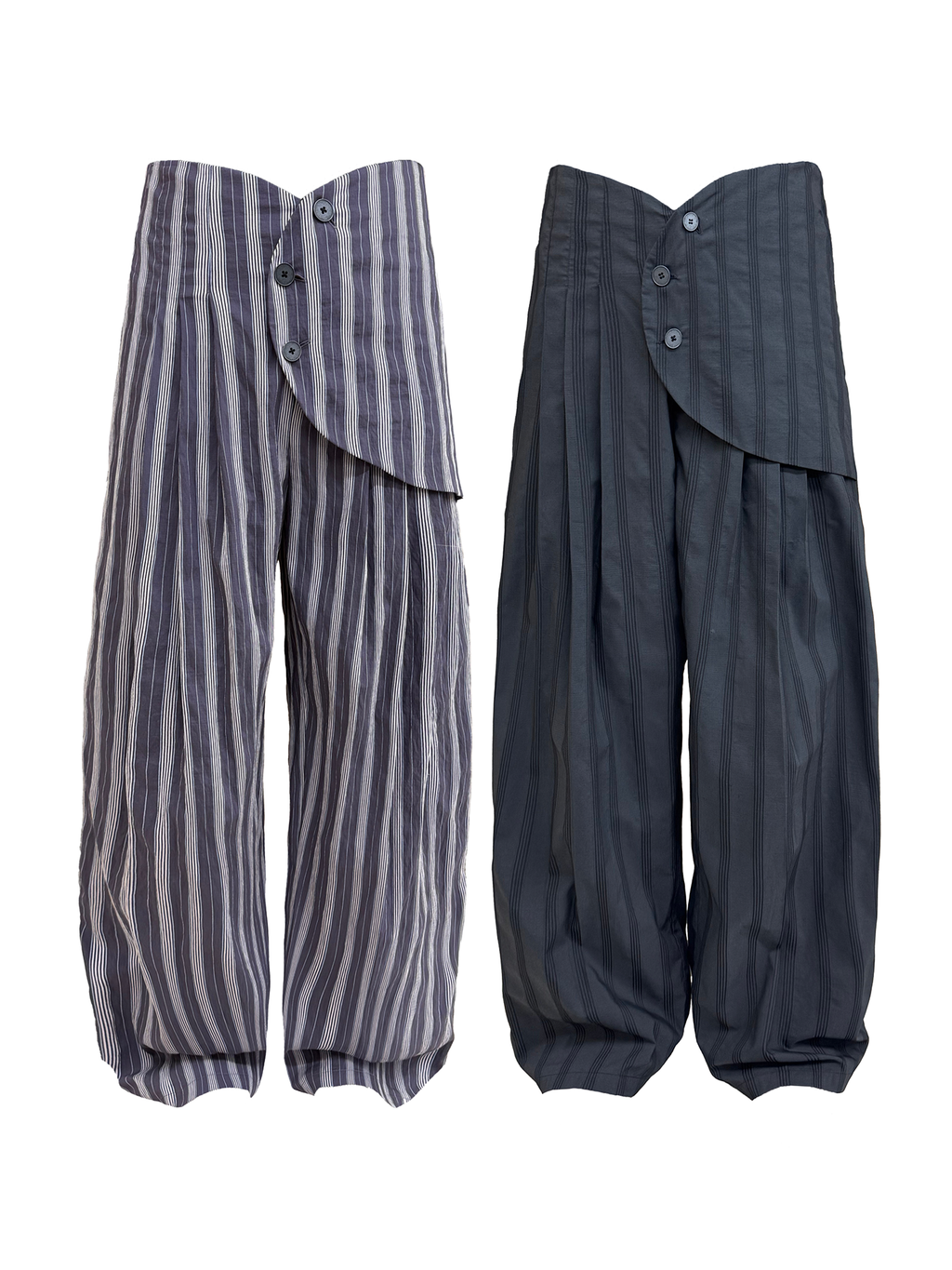 JCAESAR Armored‑style striped trousers with curved side panels