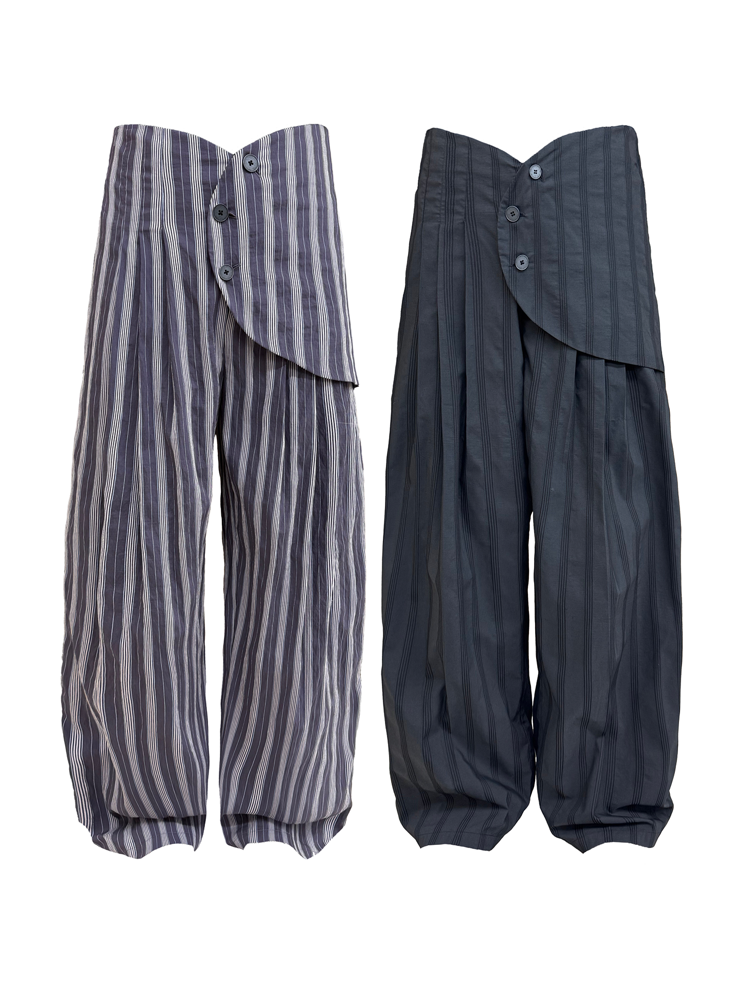 JCAESAR Armored‑style striped trousers with curved side panels