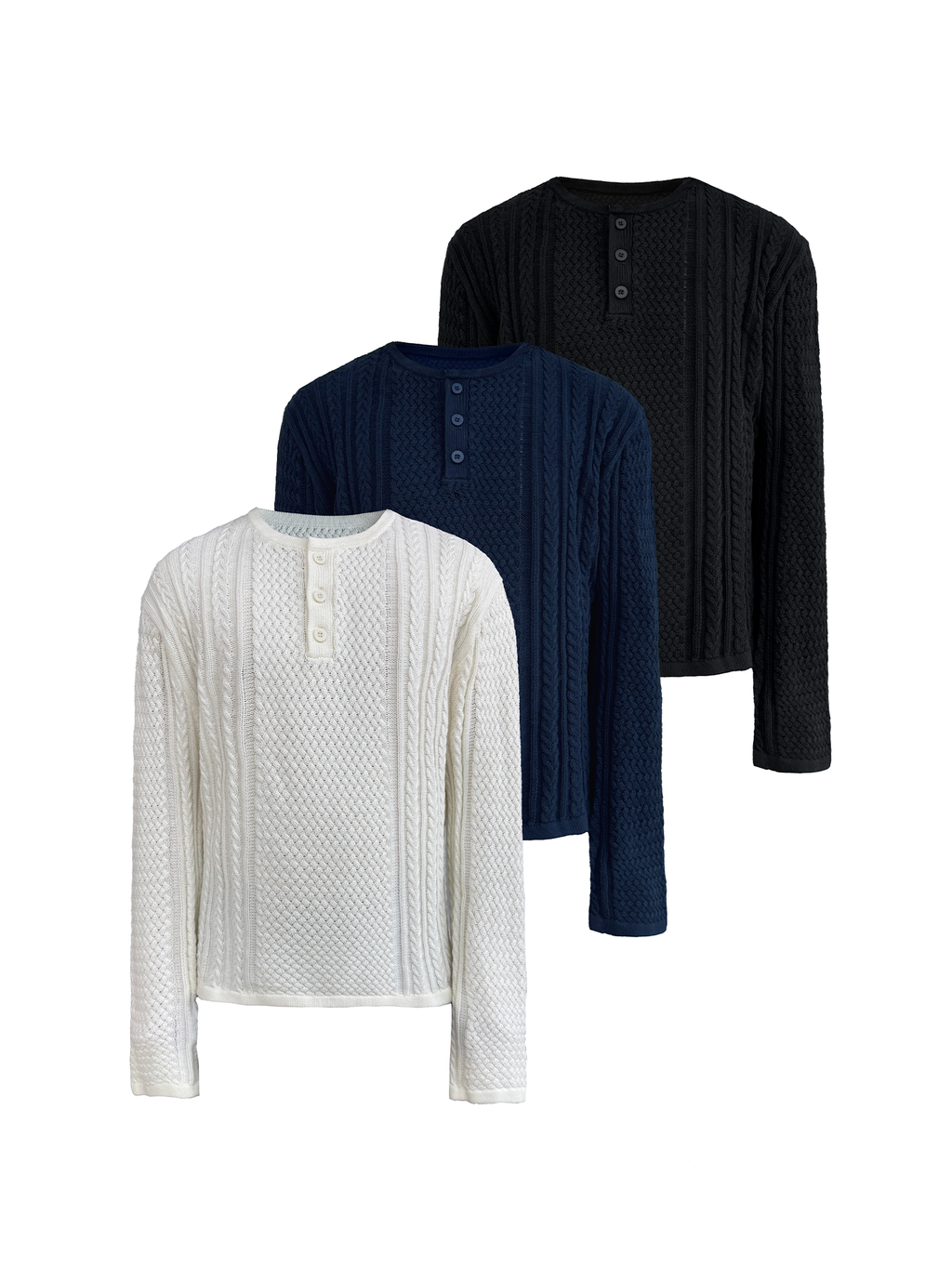 JCAESAR Henley collar scale‑pattern knit long‑sleeve