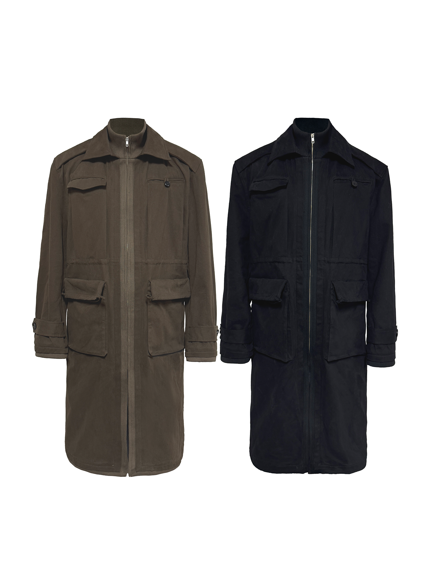 JCAESAR Multi‑Pocket Trench Coat with Ribbed Panels