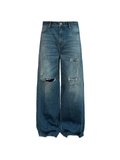 JCAESAR Knife Cut Distressed Blue Denim Jeans | Washed Ripped Straight Fit Jeans