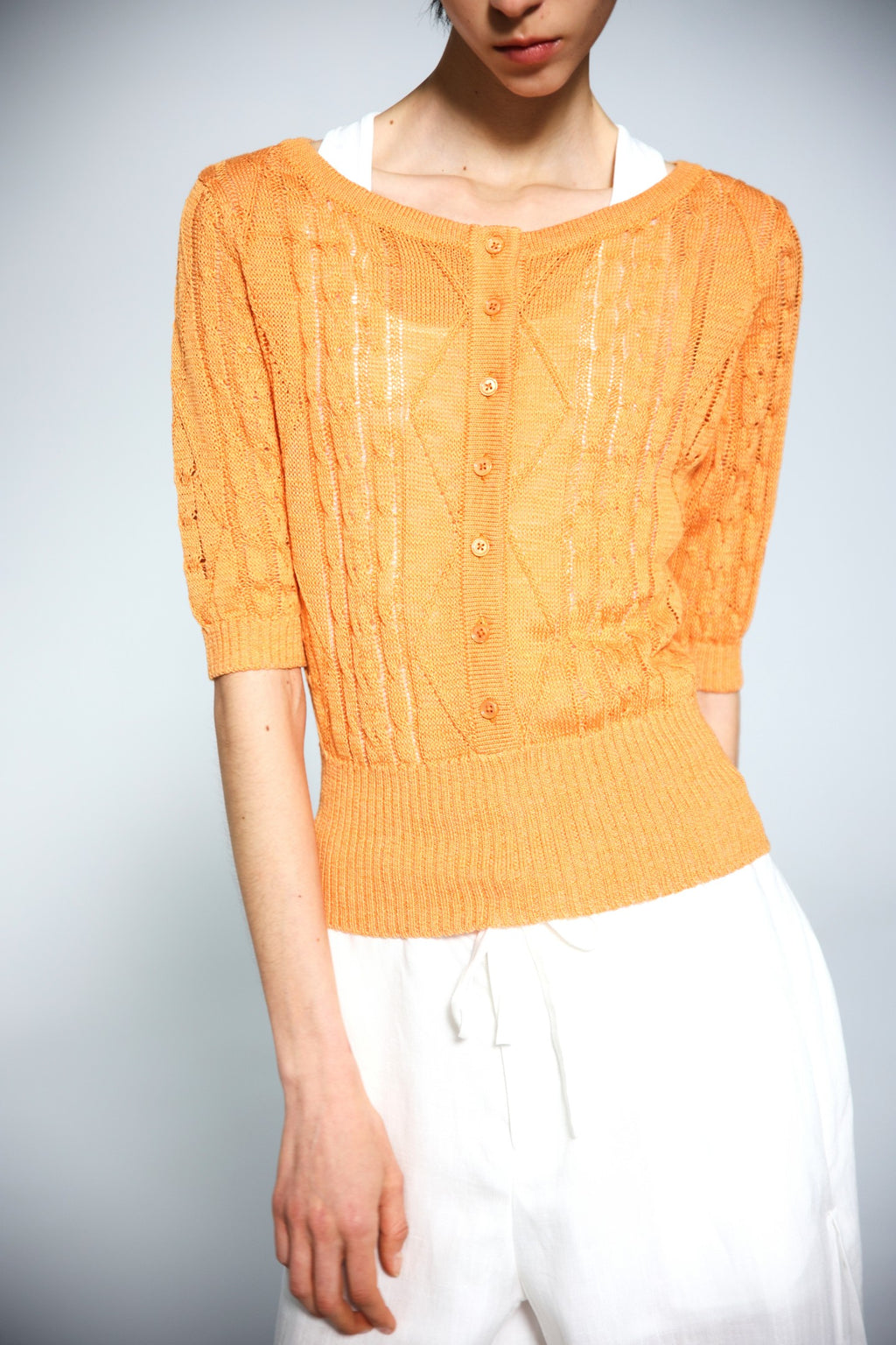 JCAESAR WOMEN Cable‑Knit Semi‑Sheer Short‑Sleeve Top