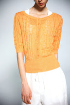 JCAESAR WOMEN Cable‑Knit Semi‑Sheer Short‑Sleeve Top