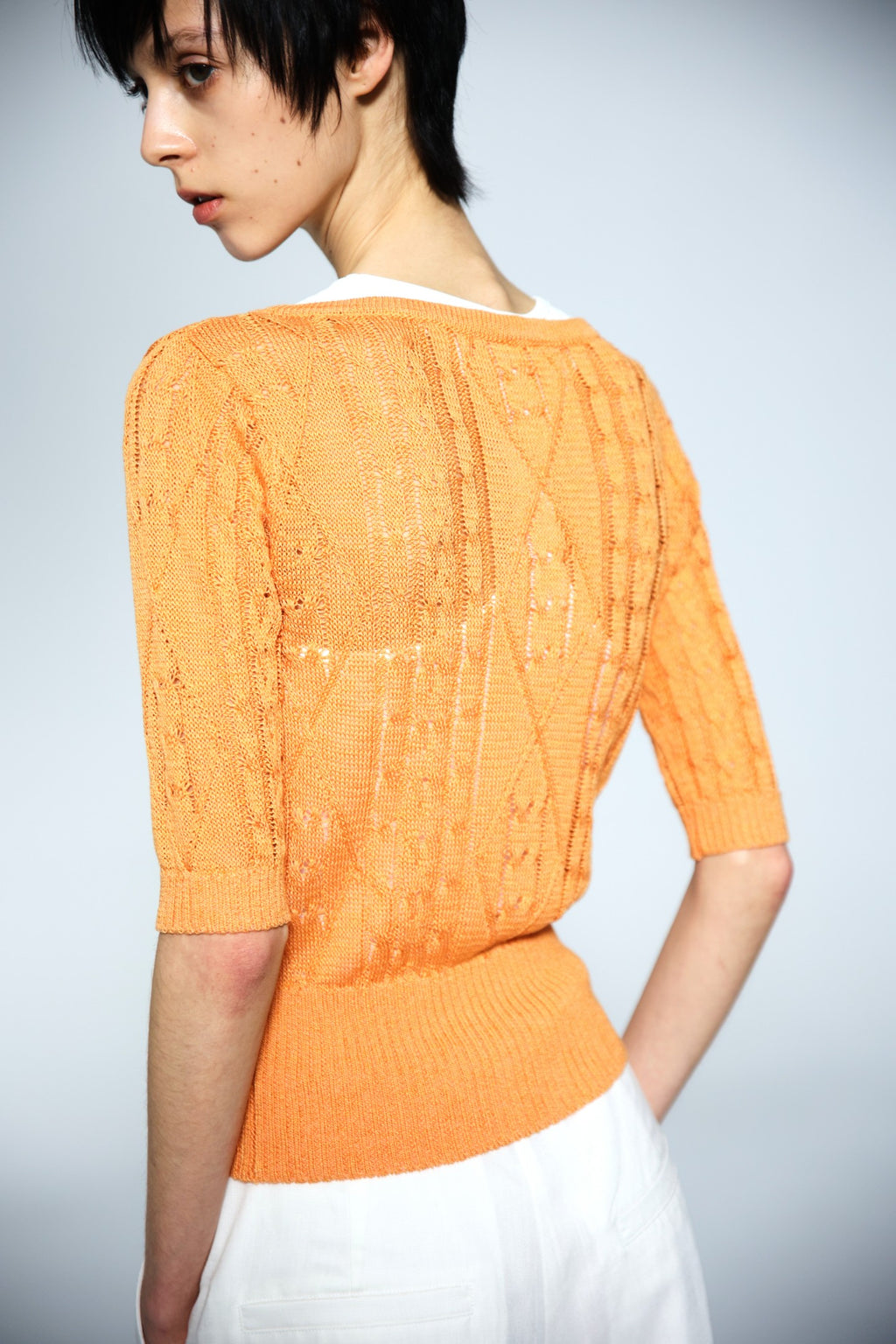 JCAESAR WOMEN Cable‑Knit Semi‑Sheer Short‑Sleeve Top