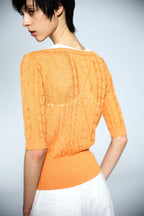 JCAESAR WOMEN Cable‑Knit Semi‑Sheer Short‑Sleeve Top