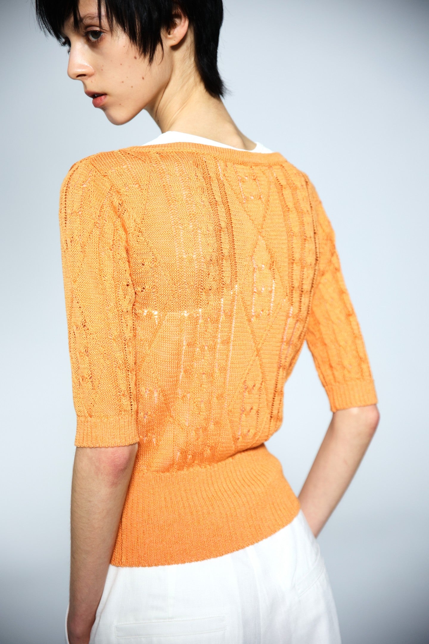 JCAESAR WOMEN Cable‑Knit Semi‑Sheer Short‑Sleeve Top