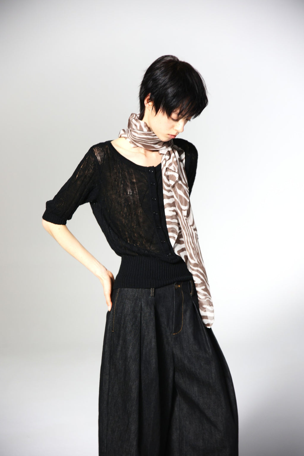 JCAESAR WOMEN Cable‑Knit Semi‑Sheer Short‑Sleeve Top