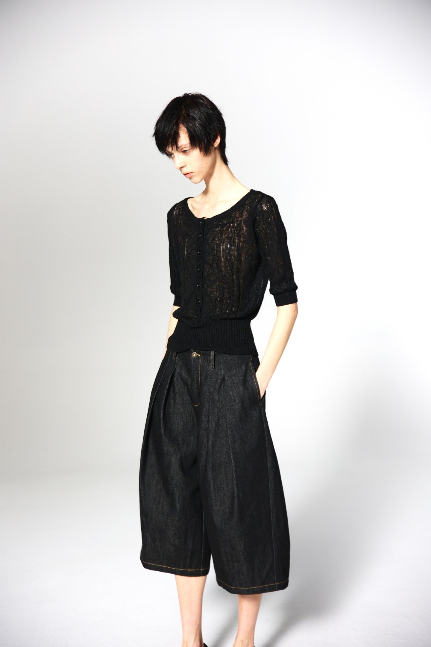 JCAESAR WOMEN Cable‑Knit Semi‑Sheer Short‑Sleeve Top