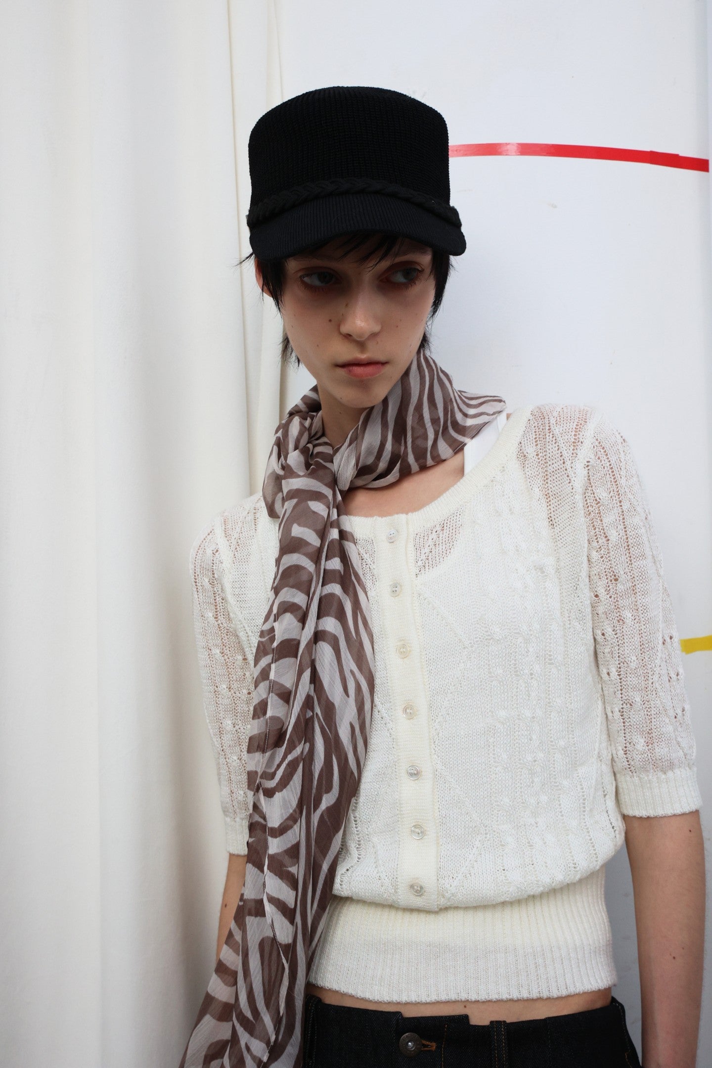 JCAESAR WOMEN Cable‑Knit Semi‑Sheer Short‑Sleeve Top