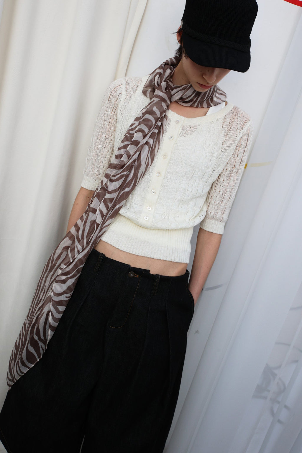 JCAESAR WOMEN Cable‑Knit Semi‑Sheer Short‑Sleeve Top