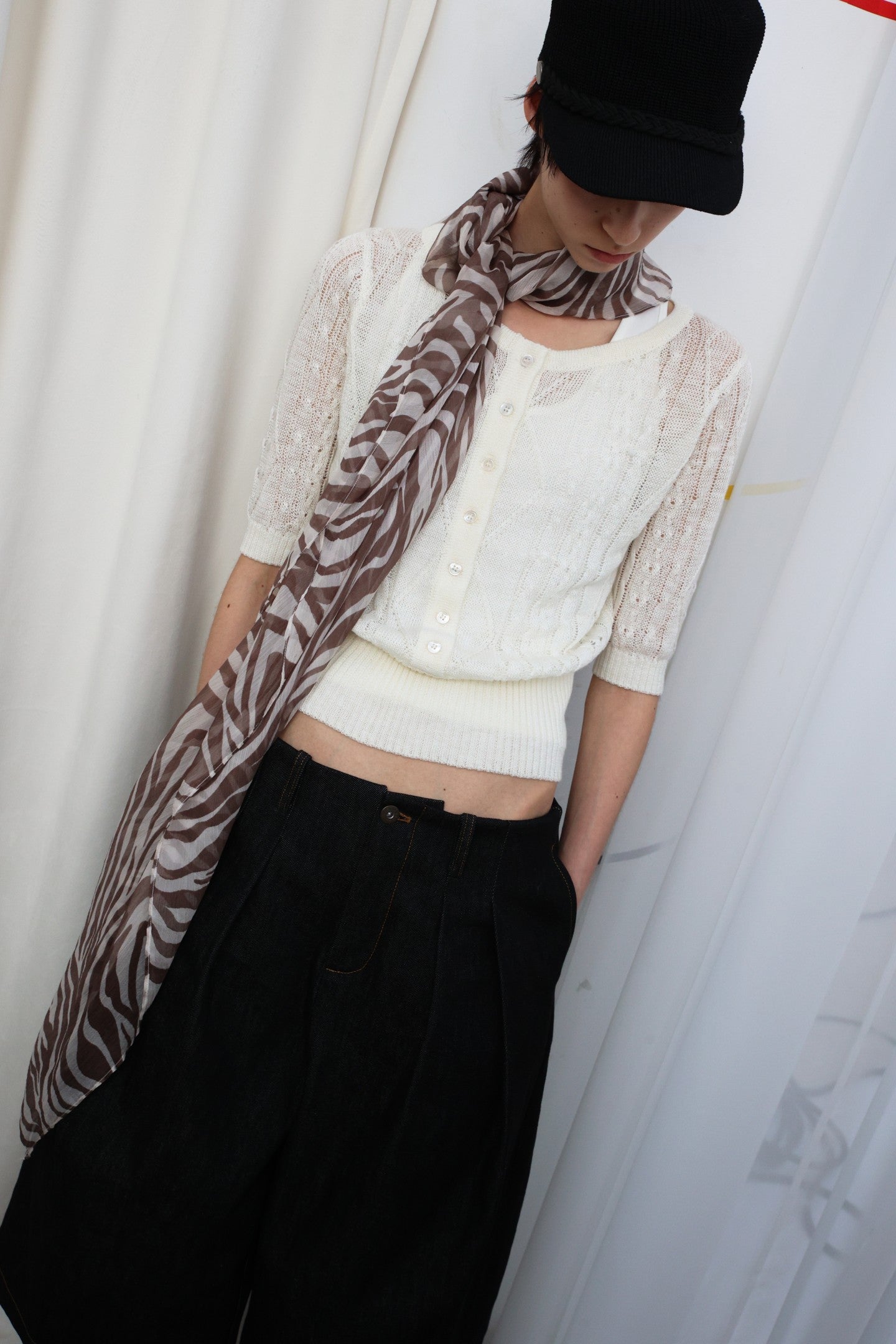 JCAESAR WOMEN Cable‑Knit Semi‑Sheer Short‑Sleeve Top