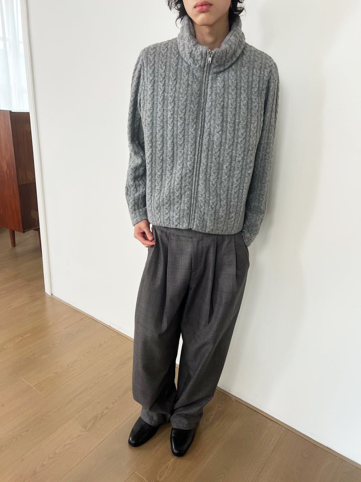 JCAESAR Purple Plaid Double-Pleat Wide Waistband Trousers