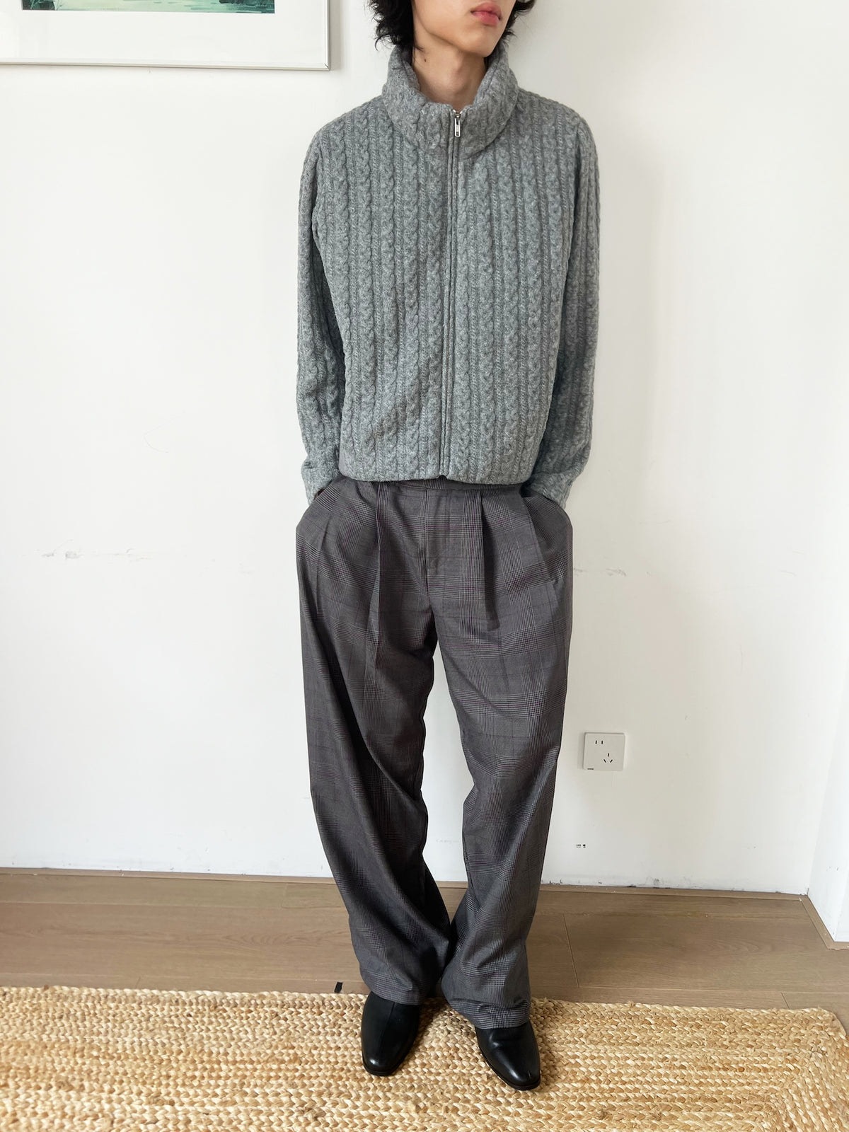JCAESAR Purple Plaid Double-Pleat Wide Waistband Trousers