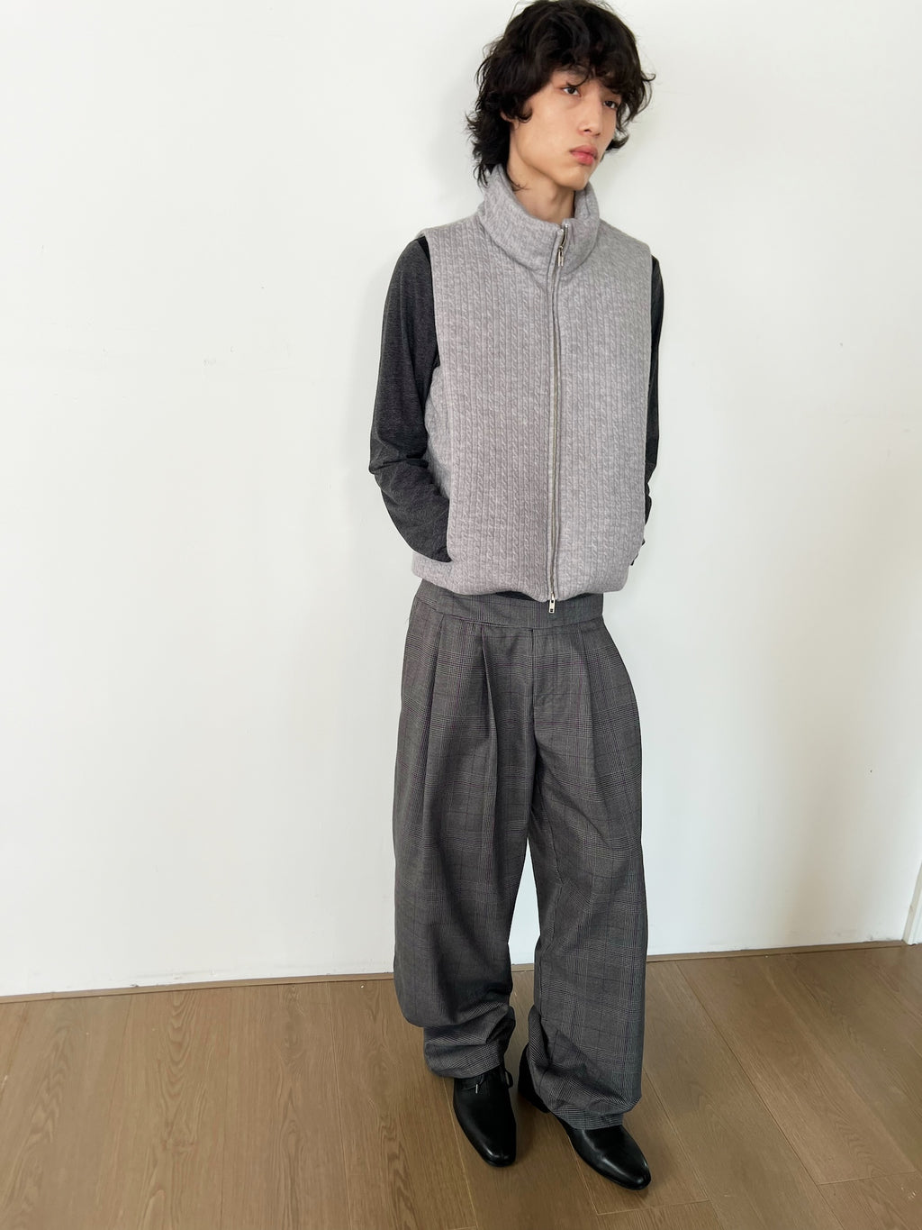 JCAESAR Purple Plaid Double-Pleat Wide Waistband Trousers