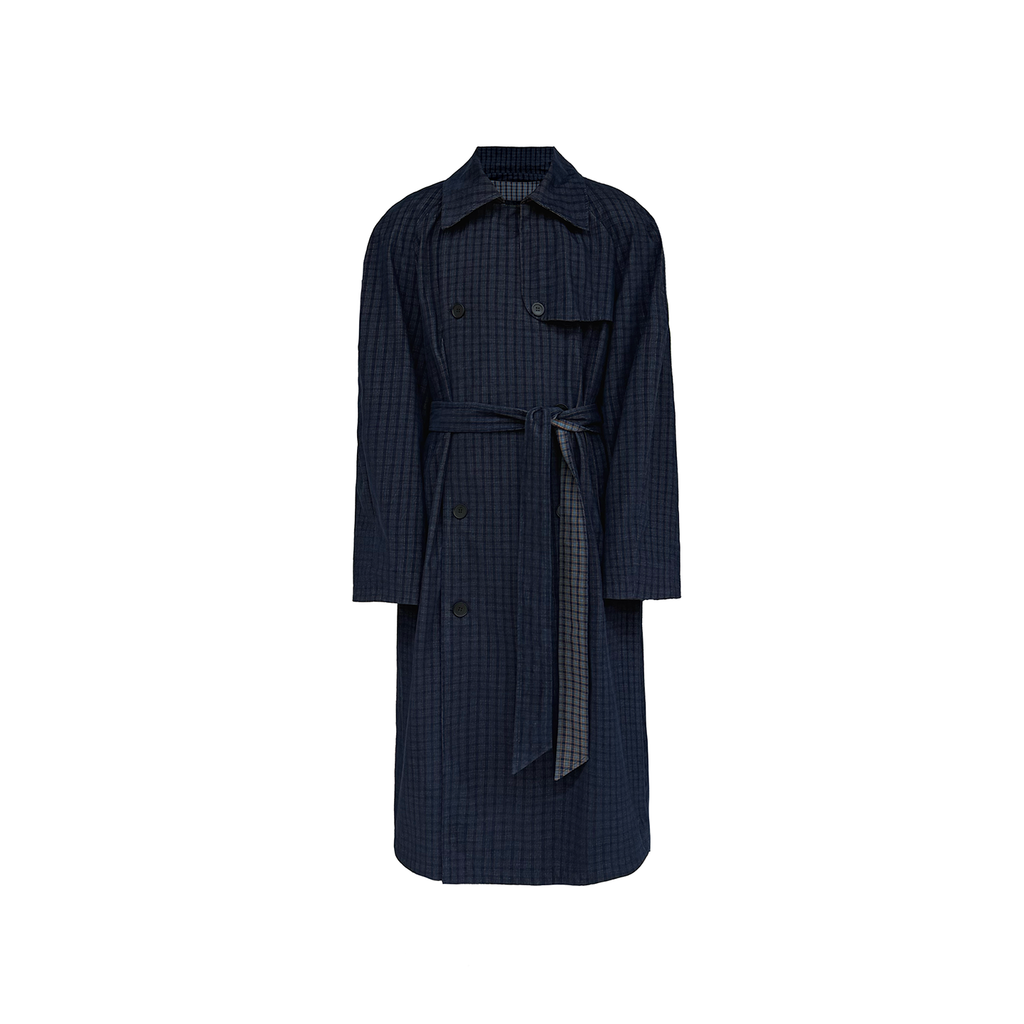 JCAESAR  Plaid Raglan-Sleeve Trench Coat with Boxing-Style Shoulder Pads