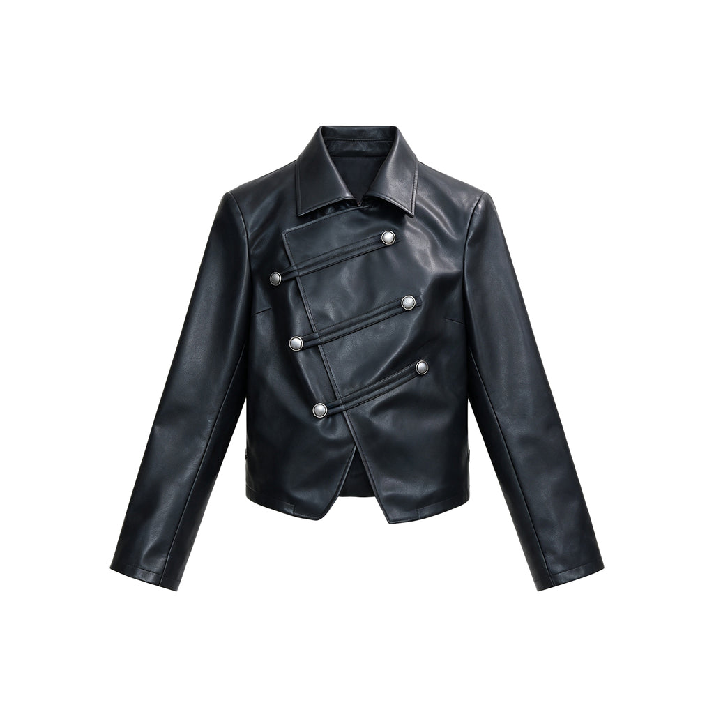 JCAESAR WOMEN Napoleon-Style Asymmetric Collar Leather Jacket