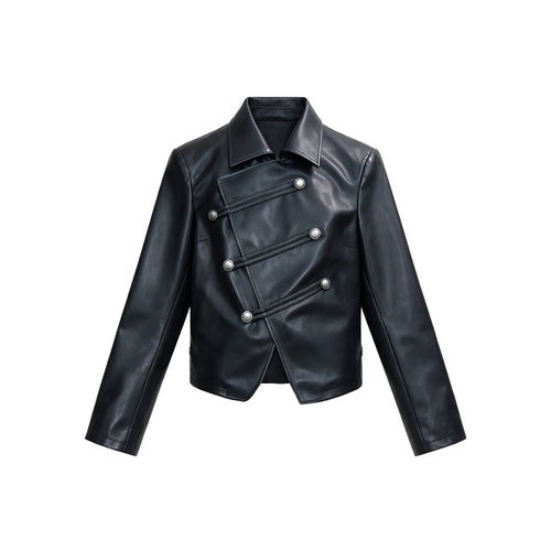 JCAESAR WOMEN Napoleon-Style Asymmetric Collar Leather Jacket
