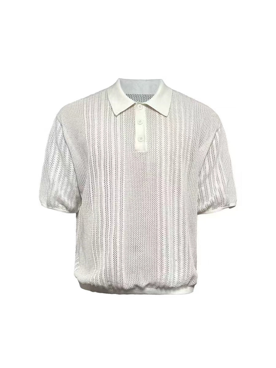 JCAESAR Cut‑Out Ribbed Polo‑Collar Short‑Sleeve Top - jcaesarclo