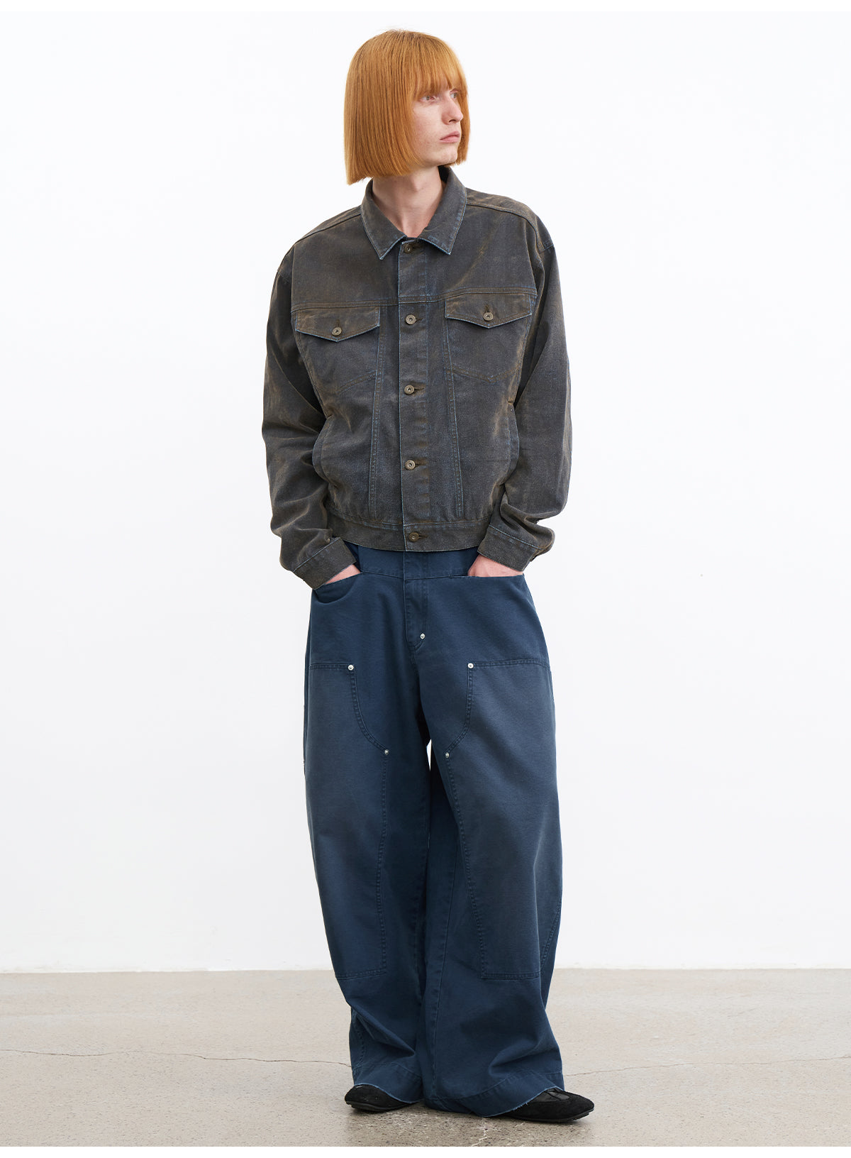 JCAESAR Front Patch Pocket Washed Blue Mud Denim Wide Leg Pants