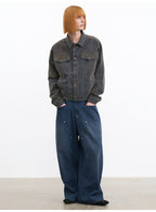 JCAESAR Front Patch Pocket Washed Blue Mud Denim Wide Leg Pants