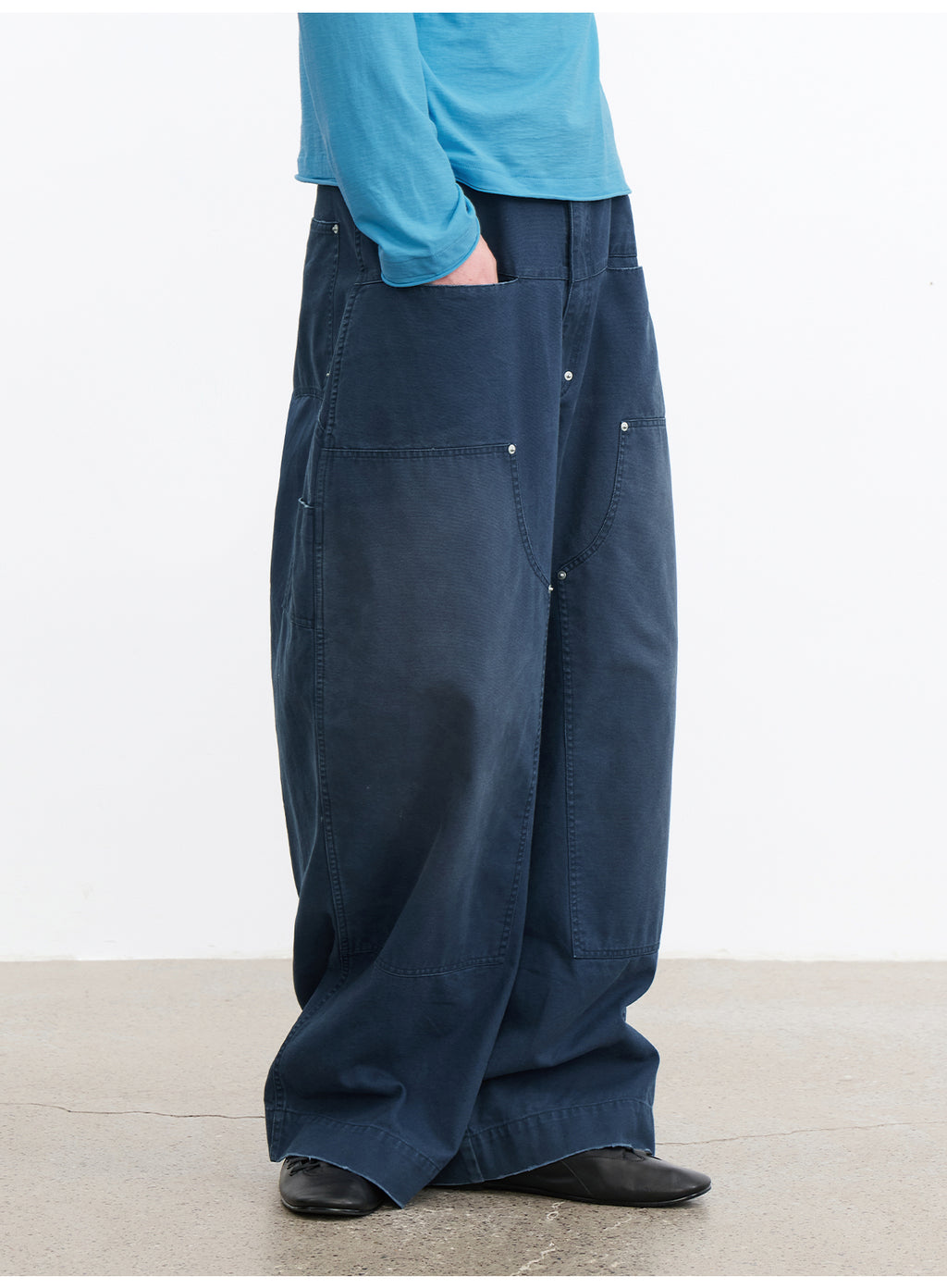 JCAESAR Front Patch Pocket Washed Blue Mud Denim Wide Leg Pants