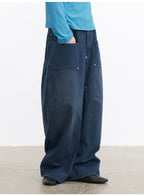 JCAESAR Front Patch Pocket Washed Blue Mud Denim Wide Leg Pants