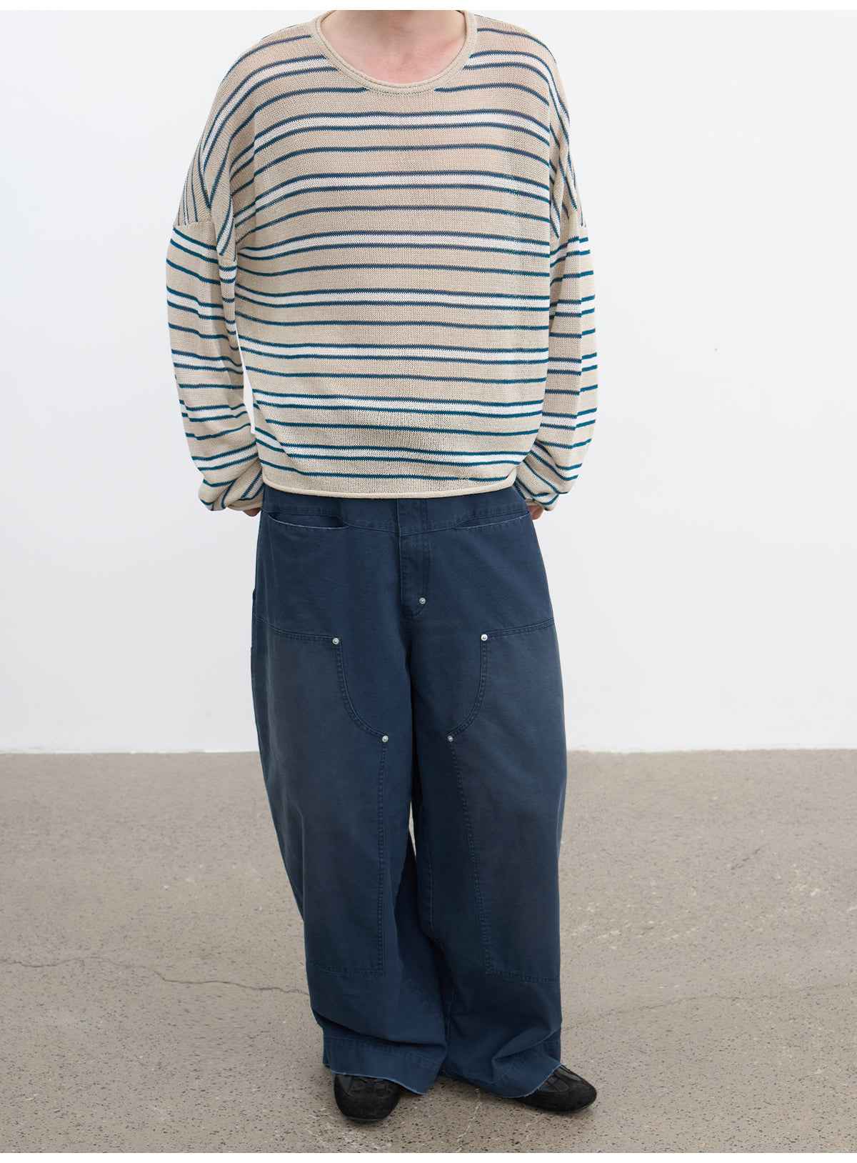 JCAESAR Front Patch Pocket Washed Blue Mud Denim Wide Leg Pants