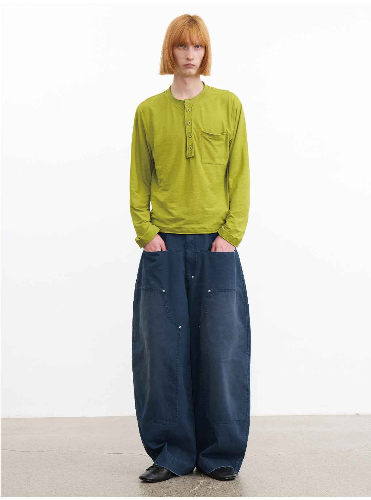 JCAESAR Front Patch Pocket Washed Blue Mud Denim Wide Leg Pants