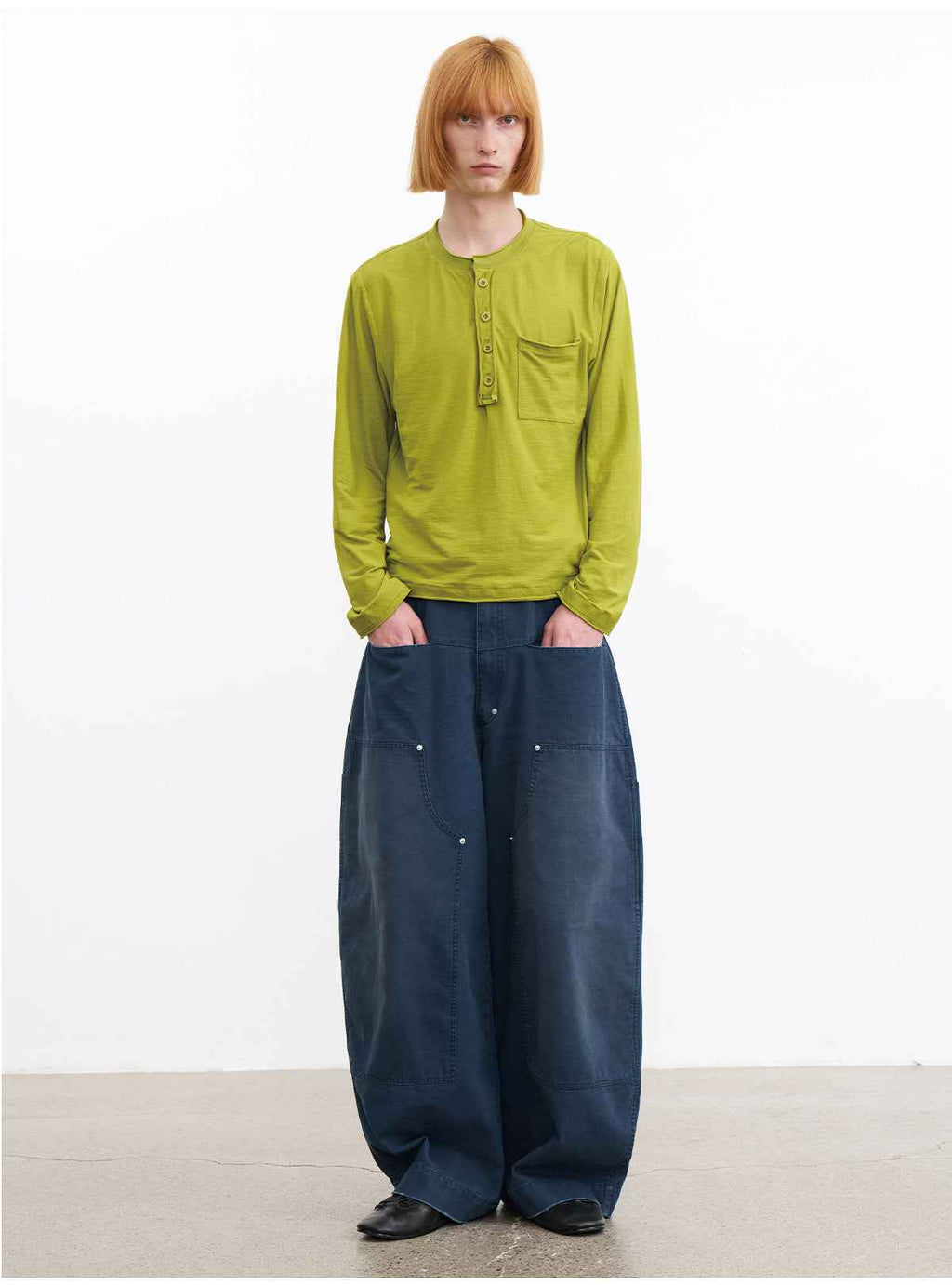 JCAESAR Front Patch Pocket Washed Blue Mud Denim Wide Leg Pants