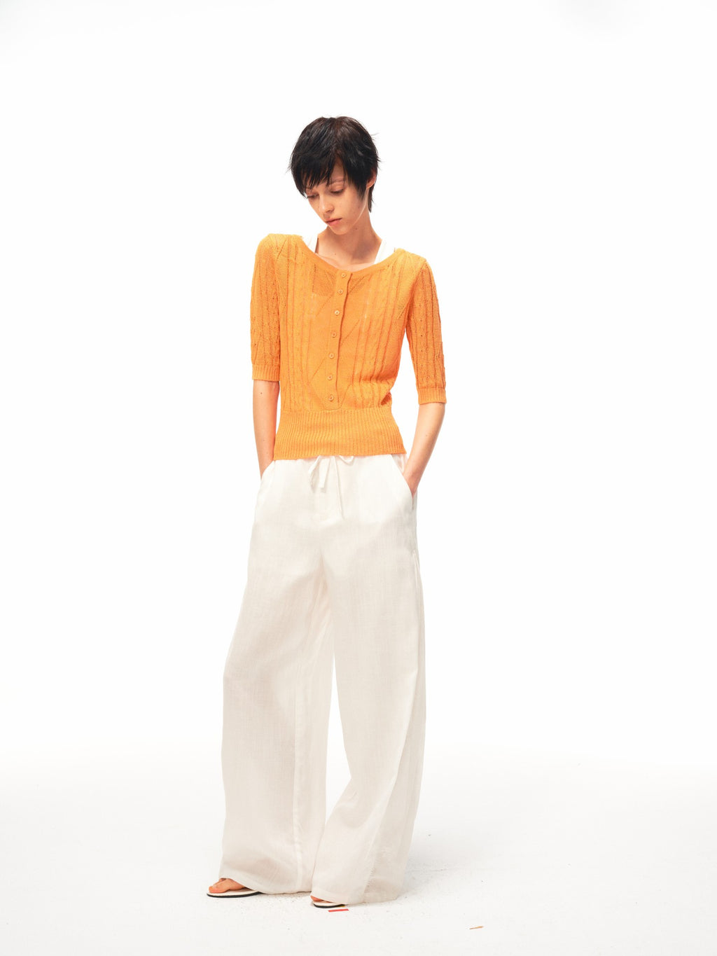 JCAESAR WOMEN Linen trousers with lace panels and pleats